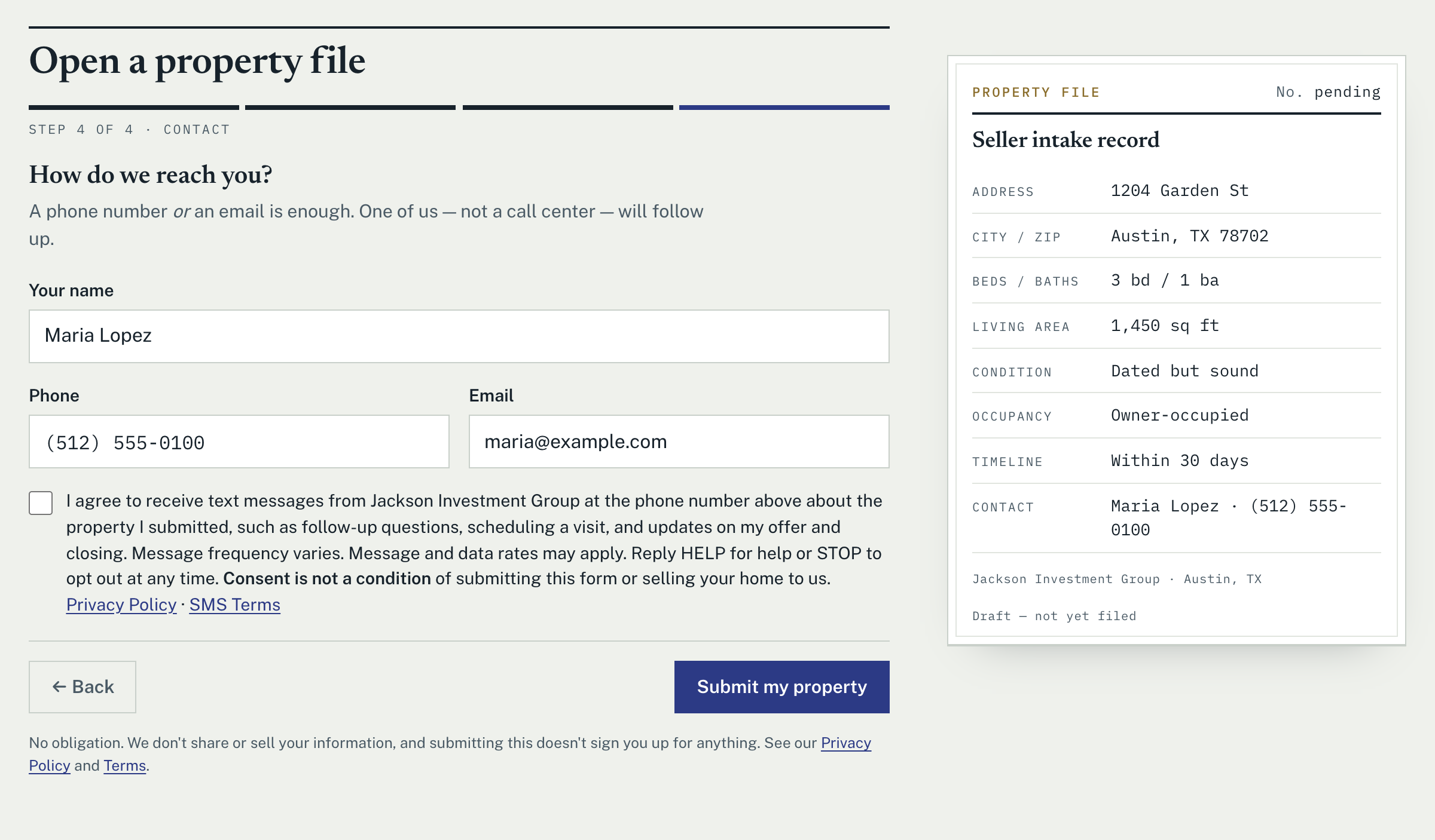 Screenshot of the last step of the property form: name, phone and email fields, followed by the unchecked SMS consent box and its disclosure text.